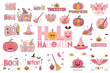 Set of cute Halloween-themed illustrations featuring pumpkins, witches, bats, and fun textのイラスト素材