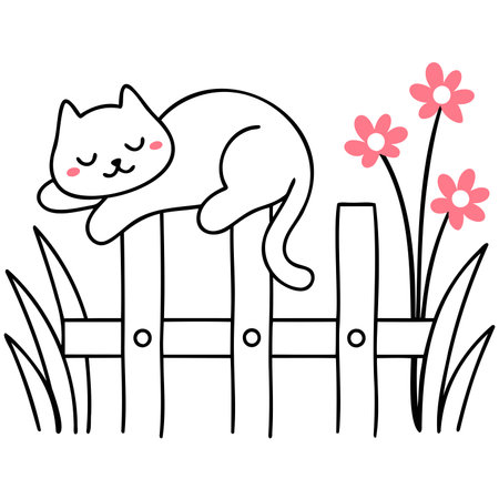 Farm Animals Cute cat resting on a fence with flowers around it.のイラスト素材