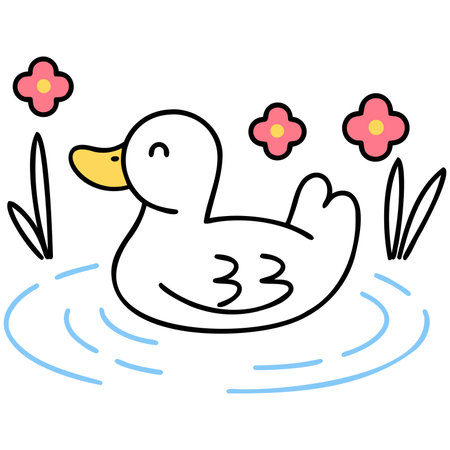 Farm Animals Cute cartoon duck swimming among flowers in a pond.のイラスト素材