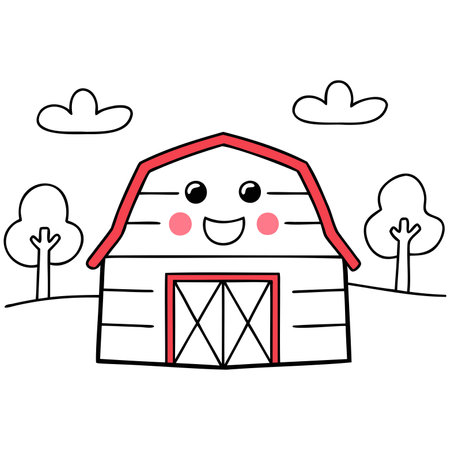 Farm Animals Cute cartoon farm barn with smiling face and trees in a simple landscape.のイラスト素材