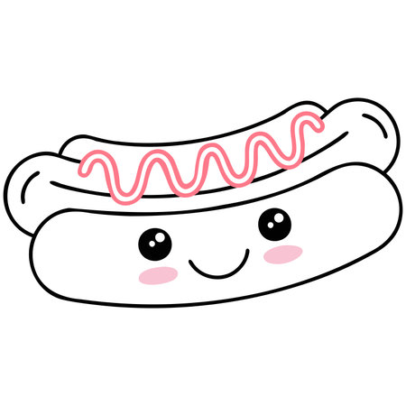 A cute, smiling hot dog with pink toppings, designed in a cartoonish style, exuding a playful and cheerful vibe.のイラスト素材