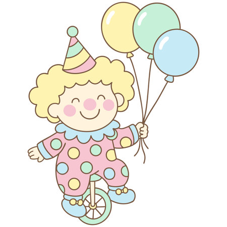 A cute cartoon clown riding a unicycle while holding pastel balloons, dressed in colorful polka dot costume. Perfect for clowncore artwork, kidsâ party designs, carnival illustrations, and festive graphics.のイラスト素材