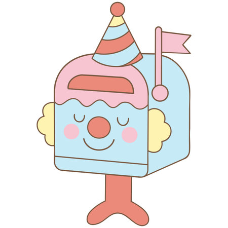 A cute pastel mailbox with a smiling clown face, wearing a party hat, designed in cartoon Clowncore style. Perfect for mail-themed clipart, festival illustrations, kids party graphics, and whimsical decor.のイラスト素材