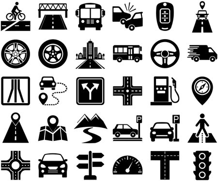 Transport and road navigation icons for driving, travel, city traffic, GPS maps, and transportation infrastructure conceptsのイラスト素材