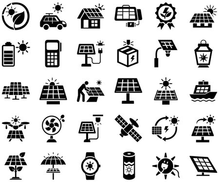 Solar energy icons set for renewable power, eco technology, green electricity, sustainable living, and environmental conceptsのイラスト素材