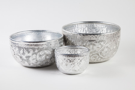 Decorated pattern silver bowl on white, isolatedの写真素材