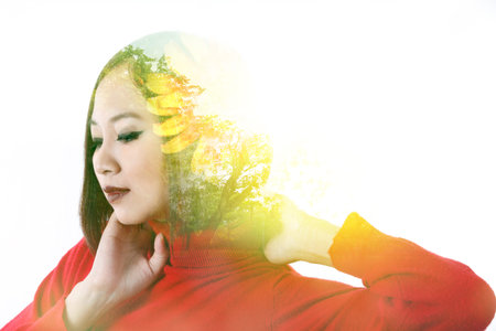 Double exposure of lady and natureの写真素材