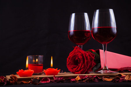 Red rose decorate with red candle dry flower giftbox wind glass - Valentines day conceptの写真素材
