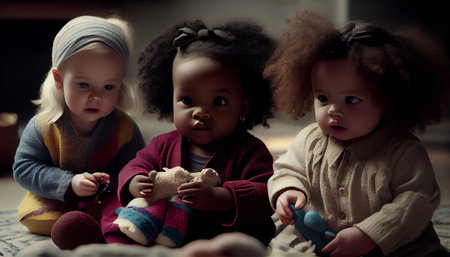 Cute little African American girls playing with toys in the room.の素材