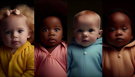 Collage of cute baby dolls on a dark background. Close-up.の素材