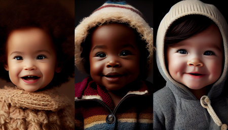 Collage of cute African American baby boy and girl in warm clothesの素材