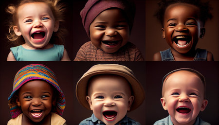 Collage of happy children laughing and looking at camera isolated over dark backgroundの素材