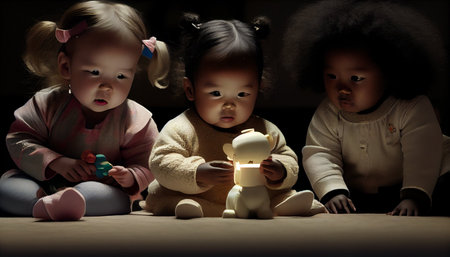 Group of little girls playing with a doll in a dark room.の素材