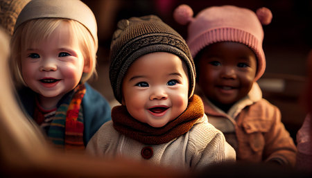 Cute little girls in hats and warm sweaters looking at cameraの素材