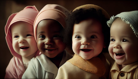 Group of happy kids wearing headscarf and scarf in a studioの素材