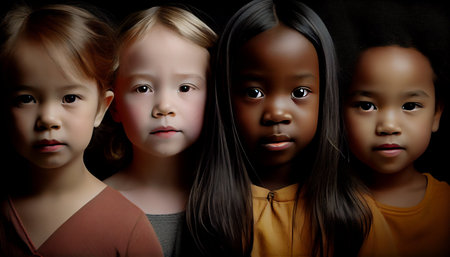 Portrait of a group of multiracial little girls on black backgroundの素材