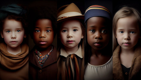 Collage of portraits of different children in hats and scarves.の素材