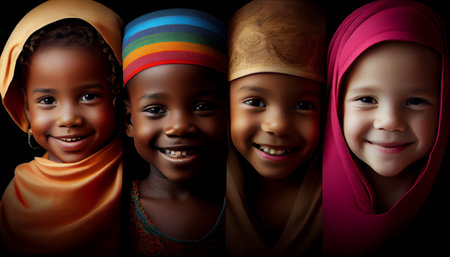 Collage of happy African American little girl in hijab smiling at cameraの素材