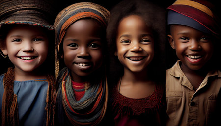 Portrait of a group of smiling African-American children over black background.の素材