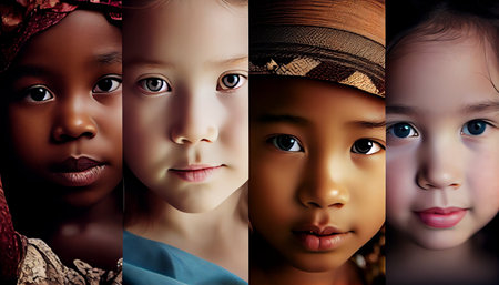 Portraits of a beautiful African American girl with different facial expressions.の素材