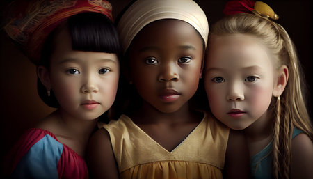 Portrait of a group of little girls with different hairstyles.の素材