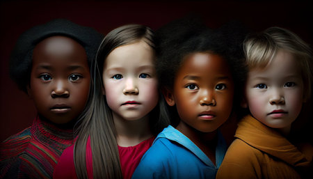 Group of multiracial children with different face expressions. Studio shot.の素材
