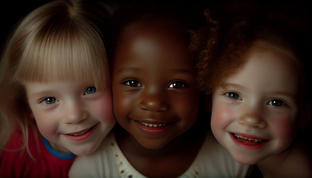 Cute African American and Caucasian little girls smiling and looking at cameraの素材
