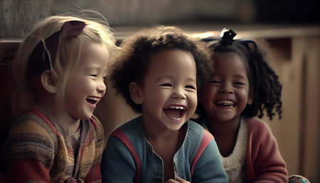 Group of happy children laughing and having fun at home. Concept of friendship and childhood.の素材