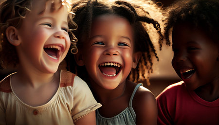 Portrait of a group of children laughing together at the same time.の素材