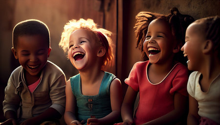 Group of children laughing and having fun together in the room at homeの素材