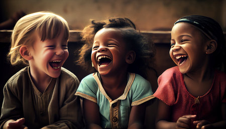 Group of children having fun in the room. Smiling and laughingの素材