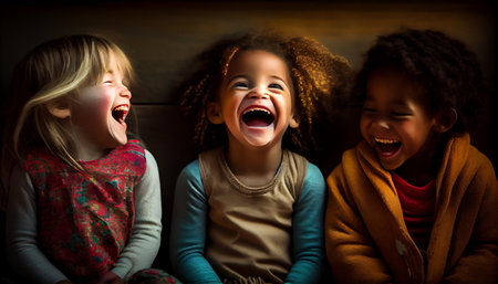 Portrait of a group of children laughing while sitting on a sofa at homeの素材