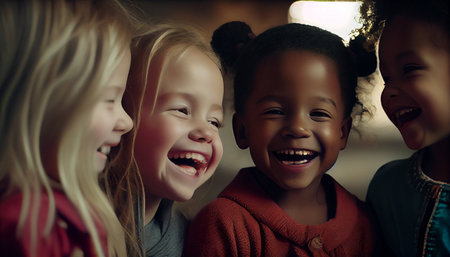 Diverse group of children laughing and having fun together in the roomの素材