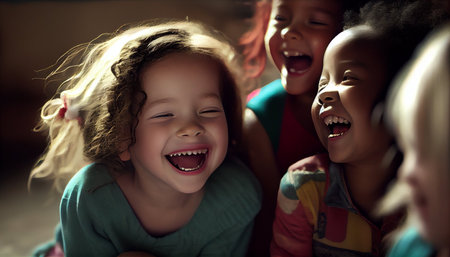 Diverse group of children laughing and having fun together at home.の素材