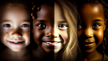 Collage of faces of beautiful little girls. 3d illustration.の素材