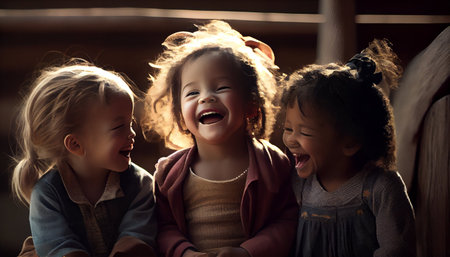 Portrait of three little girls laughing and having fun together at homeの素材