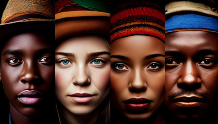 Collage of portraits of African American and caucasian women.の素材