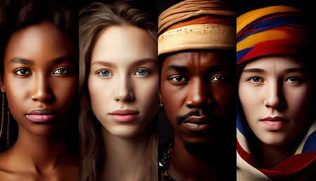 Collage of portraits of beautiful african american and caucasian womenの素材