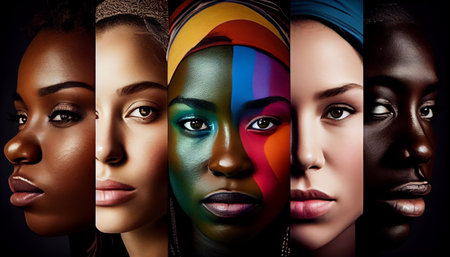 Collage of multiethnic women with creative makeup. Multiethnic group of women.の素材