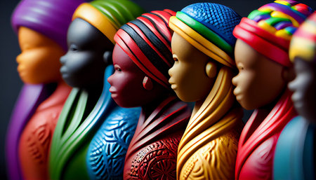 Group of colorful statuettes on black background. 3d renderingの素材