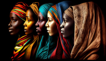 Group of african women with traditional headscarf on black backgroundの素材