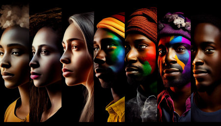 Multiethnic group of people in a collage on a black backgroundの素材