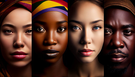 Group of african american and caucasian women in profile. 3D renderingの素材