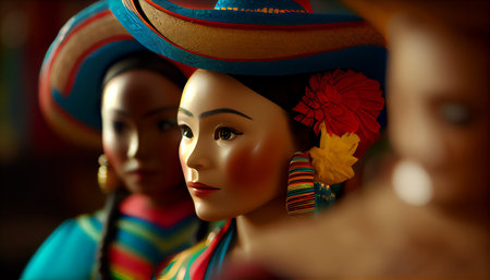 Colorful wooden figurines in a row. Selective focus.の素材