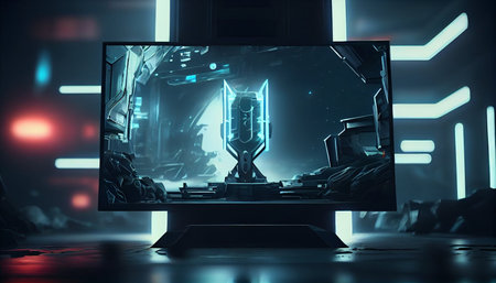 View of a Cyber space game interface on a futuristic background 3d renderingの素材