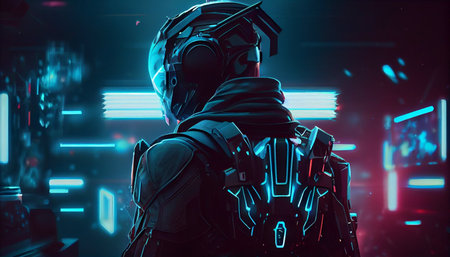 Portrait of a futuristic soldier in a helmet. 3d renderingの素材
