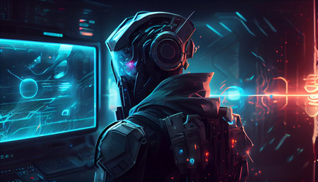 Astronaut in space suit and headphones looking at computer screen. 3D renderingの素材