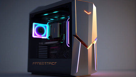 3d rendering of a computer case with neon lights on the backgroundの素材