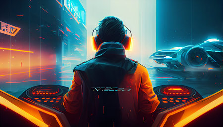 Cyberpunk gamer playing in virtual reality, 3d rendering toned imageの素材
