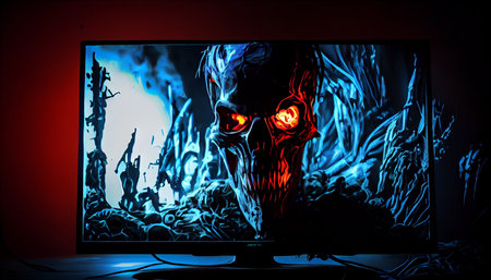 Horror movie. Scary monster face on computer monitor. Horror movie concept.の素材